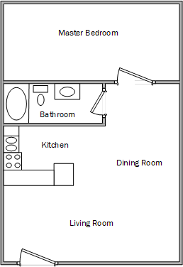 Floor plan for 1 bed, 1 bath, 600 sqft